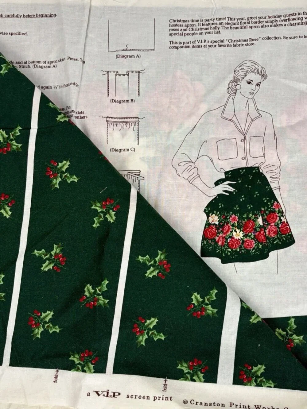 Vtg VIP Christmas Rose Apron Cut & Sew Fabric Panel Floral Holly Holiday Green